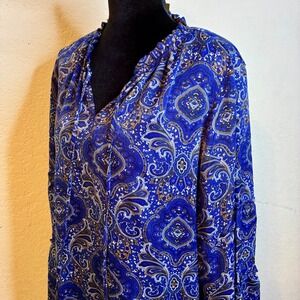 Grand & Greene Blue Paisley Top Medium Boho Peasant Gold Bell Sleeve Tassel Tie